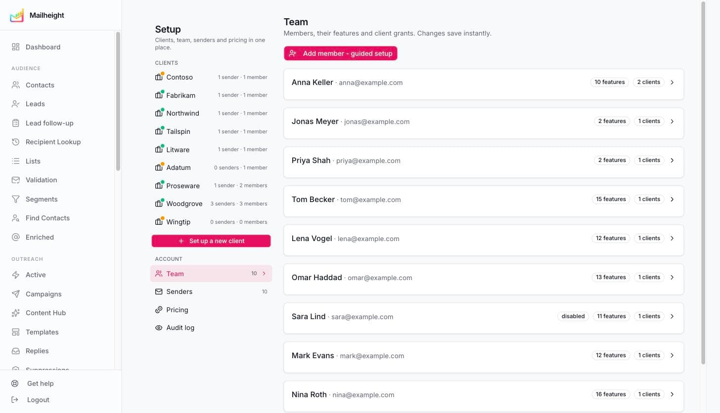 Mailheight Setup: clients, team members and senders