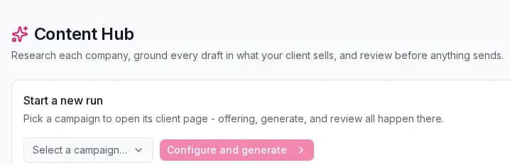 Mailheight Content Hub: research each company and ground every draft in what your client sells