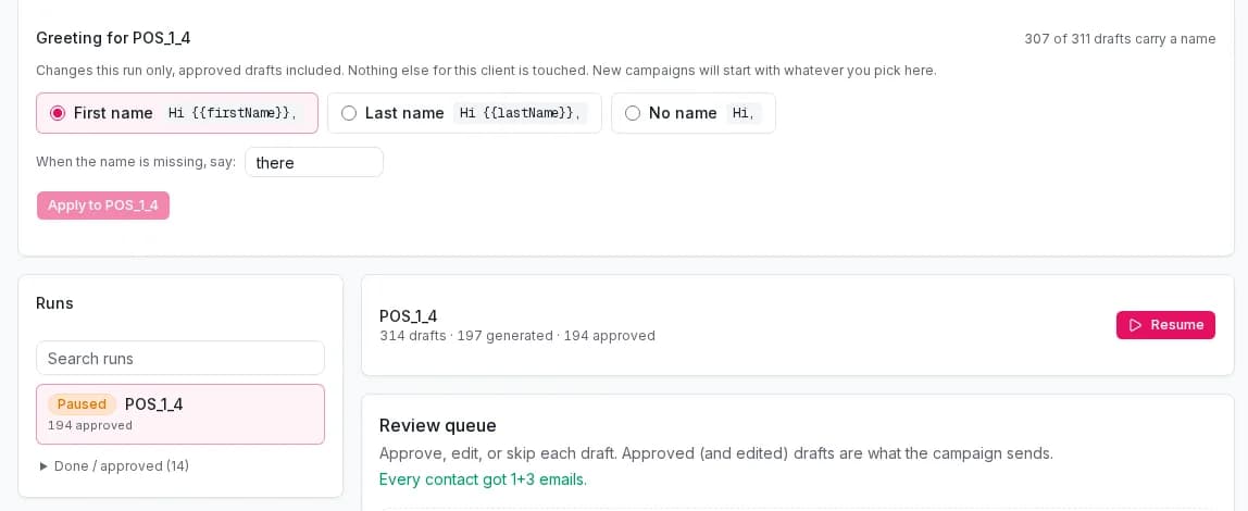 Mailheight draft review queue: greeting controls, runs and per-draft approval